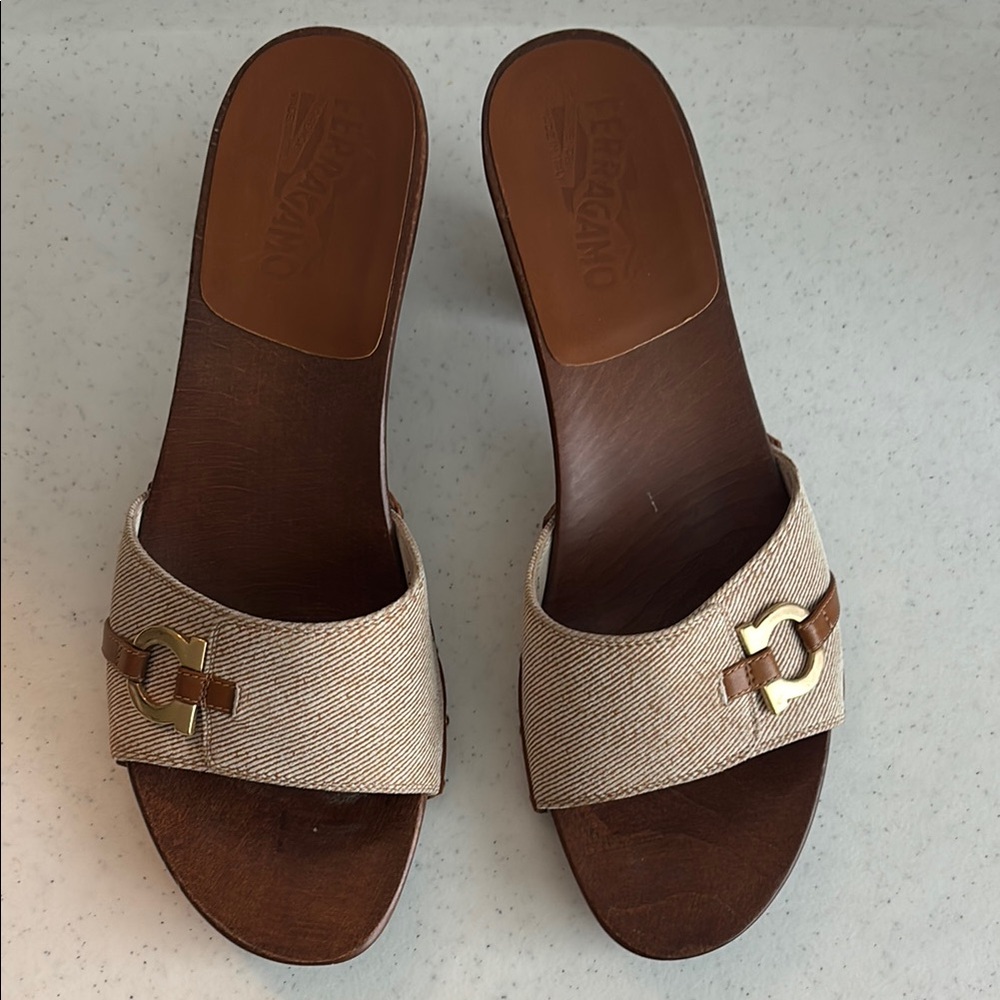 Salvatore Ferragamo Women's Cream Slide wood  Sandals